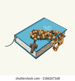 
Rosary and the prayer book. Hand-drawn vintage drawing . Catholic tradition. Color vector sketch. Isolated object .