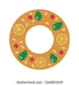 Roscon de Reyes (King's cake). Spanish traditional Epiphany day pastry. Vector illustration.