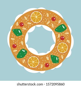 Roscon de Reyes (King's cake). Spanish traditional Epiphany day pastry. Vector illustration.