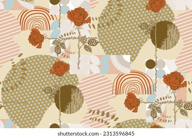 Rose and abstract figures. Seamless abstract pattern. Suitable for fabric, mural, wrapping paper and the like.