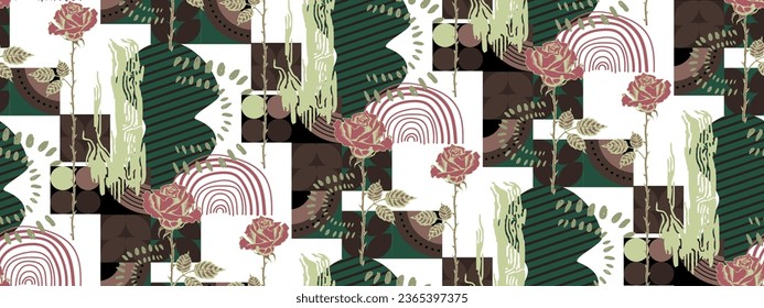 Rose and abstract figures. Seamless pattern. Suitable for fabric, mural, wrapping paper and the like.