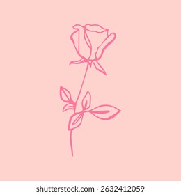 Rose abstract flower minimalistic style hand drawn. Botanical illustration, symbol of love of a woman, summer, garden, bud, warmth, beauty, modern fashionable, color pink on a light background. 