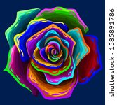 The Rose. Abstract, multi-colored, neon image of a rose flower on a dark blue background in pop art style.