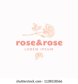 Rose and Rose Abstract Vector Sign, Symbol or Logo Template. Blossom Rose with Leafs, Stem Sillhouette Sketch with Elegant Retro Typography. Vintage Emblem. Isolated.