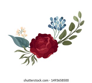 Rose among green leaves. Vector illustration on a white background