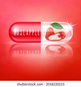 Rose Apple Fruit in capsule vitamin red with rose apple slices and leaves. Medical concepts and health supplements. Realistic 3D Vector illustration.