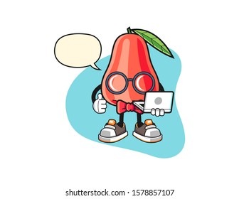 Rose apple geek with speech bubble cartoon. Mascot Character vector.