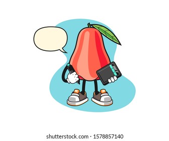 Rose apple graphic designer with speech bubble cartoon. Mascot Character vector.