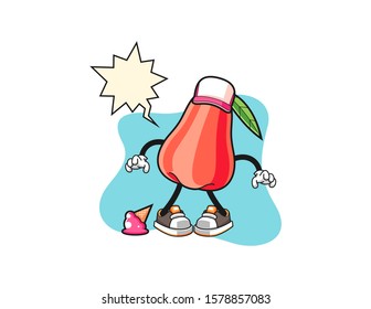 Rose apple with ice cream fall with speech bubble cartoon. Mascot Character vector.