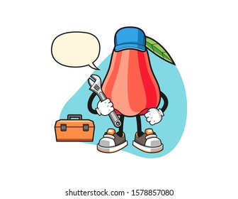 Rose apple mechanic with speech bubble cartoon. Mascot Character vector.