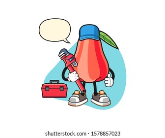 Rose apple plumber with speech bubble cartoon. Mascot Character vector.