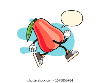 Rose apple run with speech bubble cartoon. Mascot Character vector.