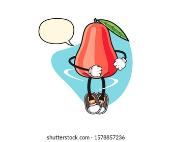 Rose apple spinning with speech bubble cartoon. Mascot Character vector.