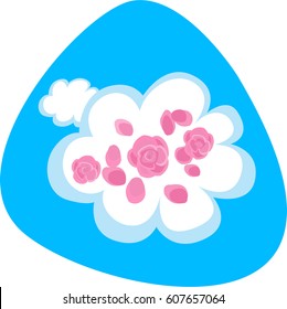 Rose aroma in clean air cloud. Pink rose petals. Isolated. On blue background.