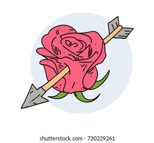Rose with an arrow in it, hand drawn cartoon image. Freehand artistic illustration.