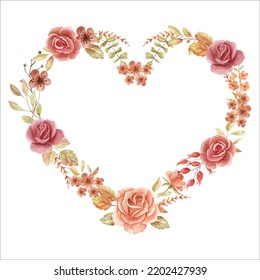 Rose Autumn Watercolor Heart Shape Floral Frame