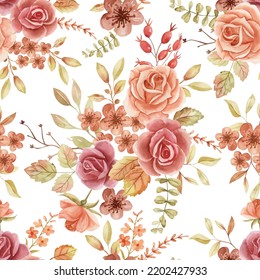 Rose Autumn Watercolor Seamless Pattern Background