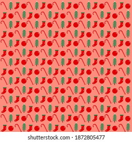 Rose Background Christmas Seamless Pattern filled with Christmas Trees, Socks, Balls and Sticks