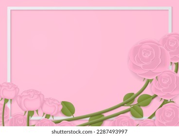 Rose background concept. Pink rose vine, blooming rose, and white frame on pink background. Paper flowers design.
