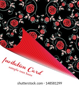Rose background flower invitation card. Romantic floral vintage design with black background