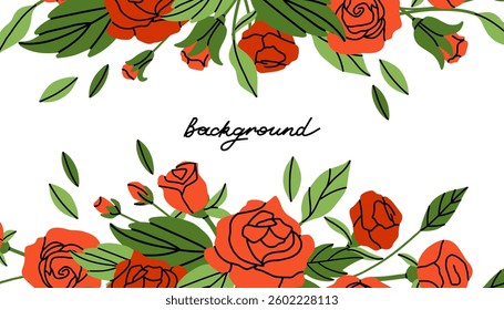 Rose background. Red flowers and green leaves. Decorative banner, spring summer elegant horizontal poster. Bouquet with blossoms. Botanical decoration flyer. Vector cartoon flat isolated illustration
