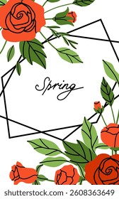 Rose background. Red flowers and green leaves. Decorative banner, spring summer elegant vertical poster. Bouquet with blossoms. Botanical decoration flyer. Vector cartoon flat isolated illustration