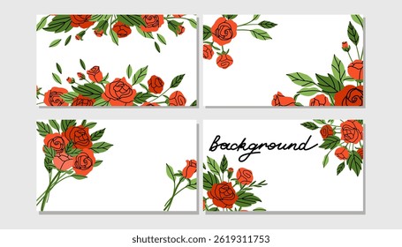 Rose background. Red flowers and green leaves. Decorative banner, spring summer elegant horizontal poster. Bouquet with blossoms. Botanical decoration flyer. Vector cartoon flat isolated illustration