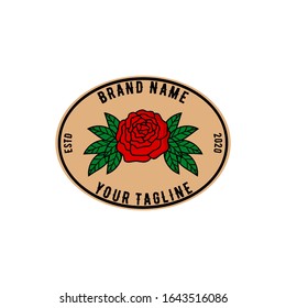 Rose badge vector logo design featuring a detailed rose flower surrounded by elegant leaves in a classic emblem style. Perfect for floral shops, beauty brands, boutique labels, and romantic-themed