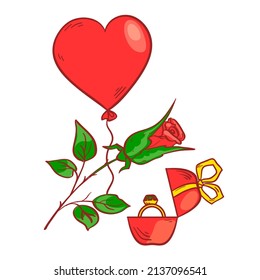 Rose, balloon and ring in the box, romantic set for the Valentines Day, vector illustration, eps10