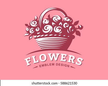 Rose basket logo - vector illustration, emblem design on pink background