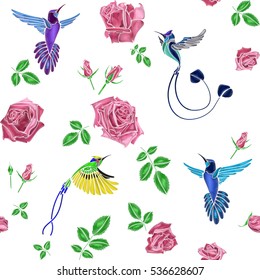 Rose and bird embroidery. Beautiful patch or pattern for a shirt, T-shirt. Drawing for fabric, seamless pattern