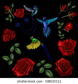 Rose and bird embroidery. Beautiful patch or pattern for a shirt, T-shirt. Drawing for fabric. Vector imitation of embroidery