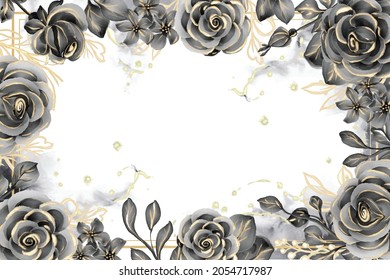 rose black and gold watercolor background floral frame with white space