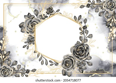 rose black and gold watercolor background floral frame with white space