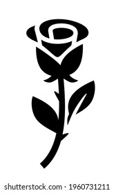 Rose black icon. Flower symbol flower with leafs. 