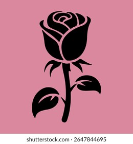 Rose, Black Rose Silhouette Collection on Pink Background – Vector Art, Hand Drawn Illustration of Cute Flower