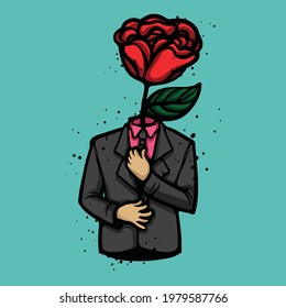 Rosa con el concepto de traje negro. Vestimenta elegante de hombres y ilustración vectorial de flores. Clásico y romántico