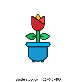 Rose bloom with green leaves and pot in flat style isolated on white background.