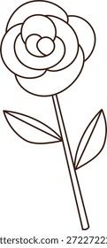 Rosenblüte auf langem Stamm mit zwei Blättern in sauberen Konturlinien. Symbol für Liebe, Romantik, Schönheit und Eleganz für Gruß, Hochzeit und Branding. Cartoon, Vektorgrafik.