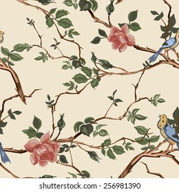 Rose blossom branches with bird seamless pattern background