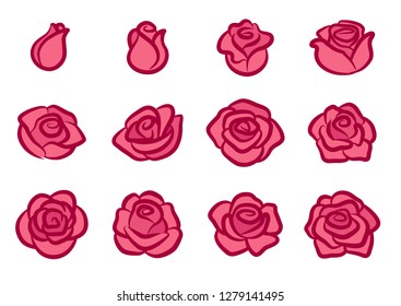 Rose blossom icon set. Simple pink and red rose flower design elements for Valentine's day, love, nature, gardening theme.