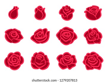 Rose blossom icon set. Simple red rose flower design elements for Valentine's day, love, nature, gardening theme.