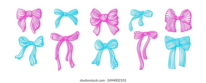 Rose, blue bow collection. Vector art ribbons, silk bows for gift box decoration, present knots and wrap pack isolated on white background. Bowknot for celebration design, festive present