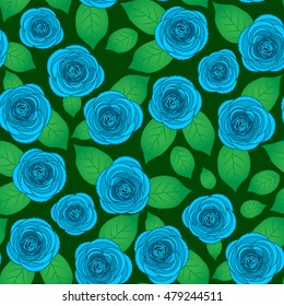 Rose blue seamless pattern with green leaves