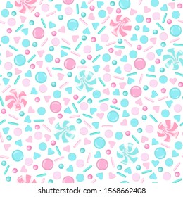 Rose and blue sweet Sprinkles seamless pattern. pearl sugar, candy, lollipop, hearts, icing