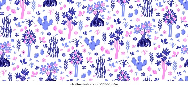 rose and blue vector floral seamless pattern with pot plants