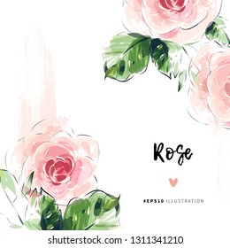 Rose border frame greeting card background design. Hand drawn flower watercolor sketch. 