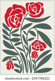 Rose botanical flower framed Minimal Art Print Hand drawn leaves shapes matisse style, naive art, contemporary background. plant vector illustration
