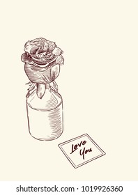 rose in bottle with note " Love you" , hand draw sketch vector. In love concept for valentine's day.