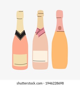 Rose bottles silhouettes in different shapes. Vector with place for text. Winery and celebration concept. Modern flat and linear design.